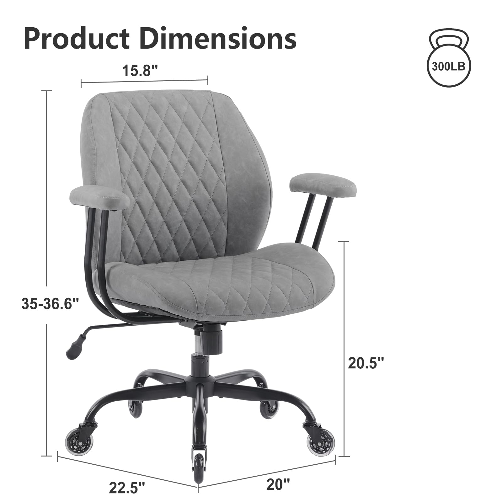 YFO Home Office Desk Chair Office Rubber Chair Casters Ergonomic Computer Chair with Lumbar Support Adjustable Height Rolling Swivel Chair Executive Task Armrests Chair, Grey Leather