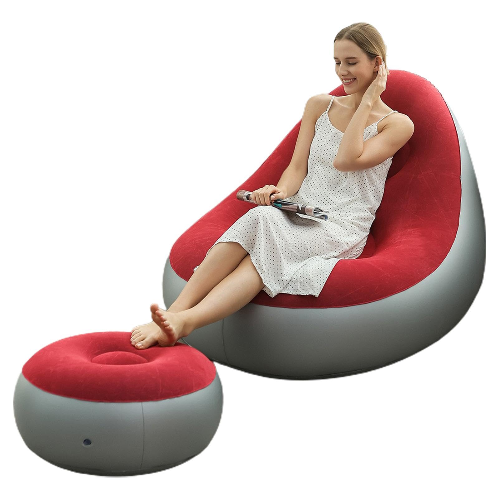 Inflatable Chair, Camping Lounge Chair, Portable Inflatable Lounge Chair, Folding Lazy Sofa Blow Up Couch With With Footrest Stool, Air Sofa Inflatable Couch Outdoor Furniture For Indoor Outdoor, Red