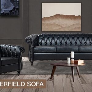 Chesterfield Sofa 2 Piece Set, Modern Black Faux Leather 3 Seater Couches and Sofa Chairs, Upholstered Tufted Button,Scroll Arms and Nailhead Trim, Sectional Sofa Set for Living Room Office Bedroom