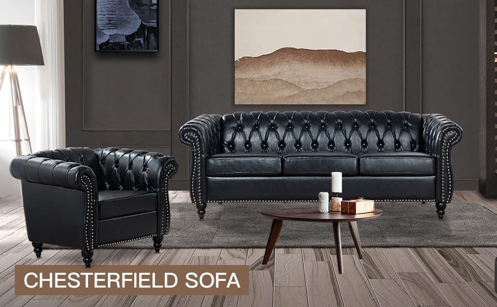 Chesterfield Sofa 2 Piece Set, Modern Black Faux Leather 3 Seater Couches and Sofa Chairs, Upholstered Tufted Button,Scroll Arms and Nailhead Trim, Sectional Sofa Set for Living Room Office Bedroom