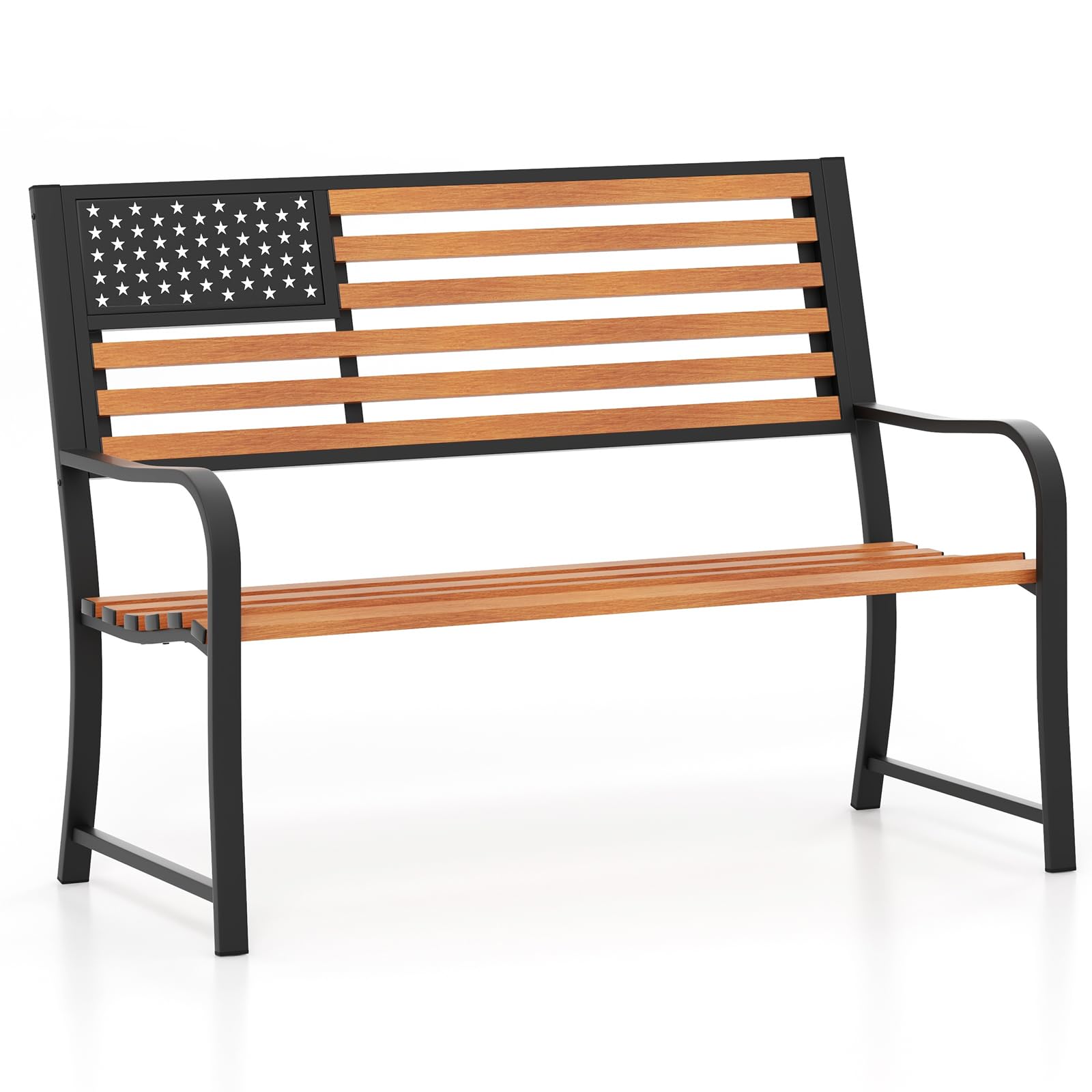 Giantex Outdoor Bench, 2-Person Metal Garden Bench with American Flag Backrest, Curved Armrests & Slatted Seat, 660 Lbs Capacity, Outdoor Bench for Lawn, Porch, Yard, Park Bench