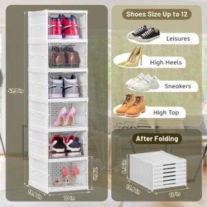 ALMOXVYE 6 Layers Foldable Shoe Box Organizer, Large Shoe Storage Organizer Bin with Clear Door, No Assembly Shoe Storage Box for Closet Entryway, Front Door, Living Room