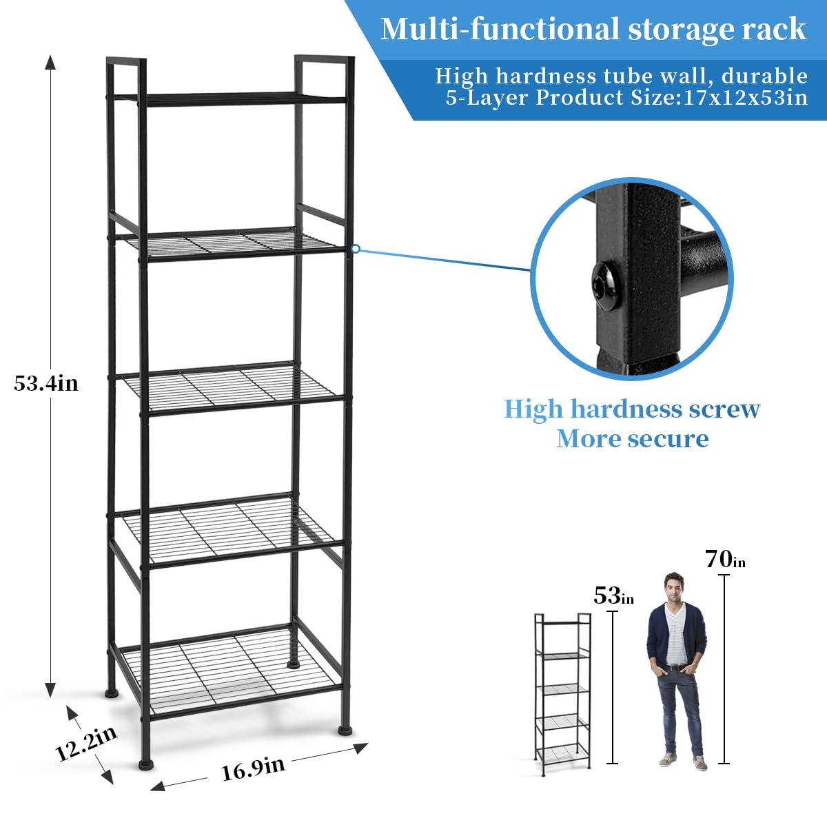 SUNLPH 5-Tier Wire Shelving Metal Rack Shelves, Standing Storage Shelf Units Flat for Laundry Bathroom Kitchen Pantry Closet Organization (Black, 16.9" L x 12.2" W x 53.4" H)