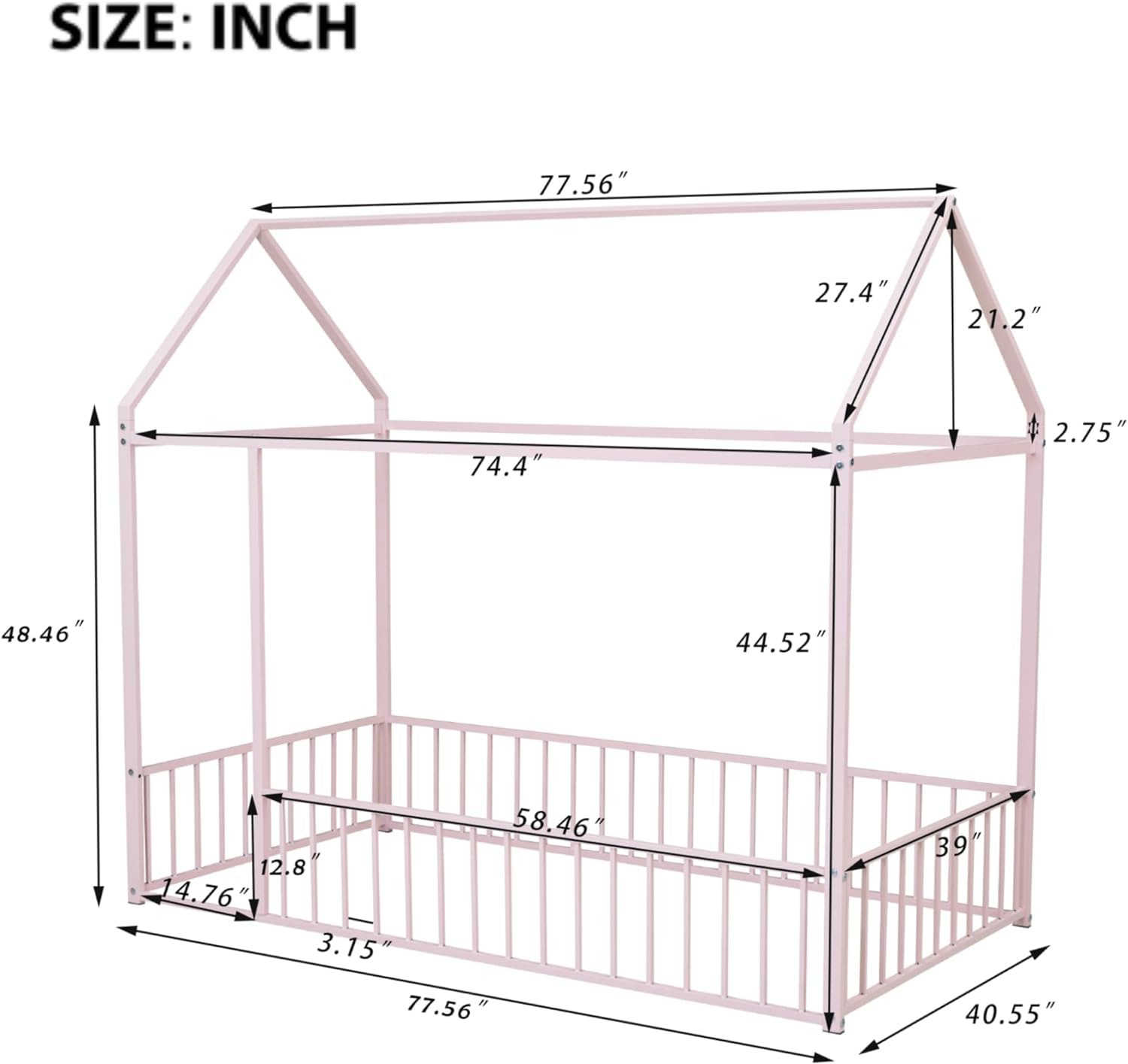 INDSUMOT Twin Size Montessori Floor Bed, Metal House Bed Frame with Fence Rails, Kids Playhouse Beds for Girls Boys Teens, Pink