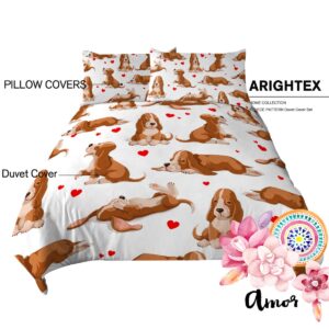 ARIGHTEX 3 Pieces Small Basset Hound Pattern Duvet Cover Set King Size Ultra-Soft Cute Dogs Red Heart Print Bedding Set 1 Duvet Cover and 2 Pillowcases