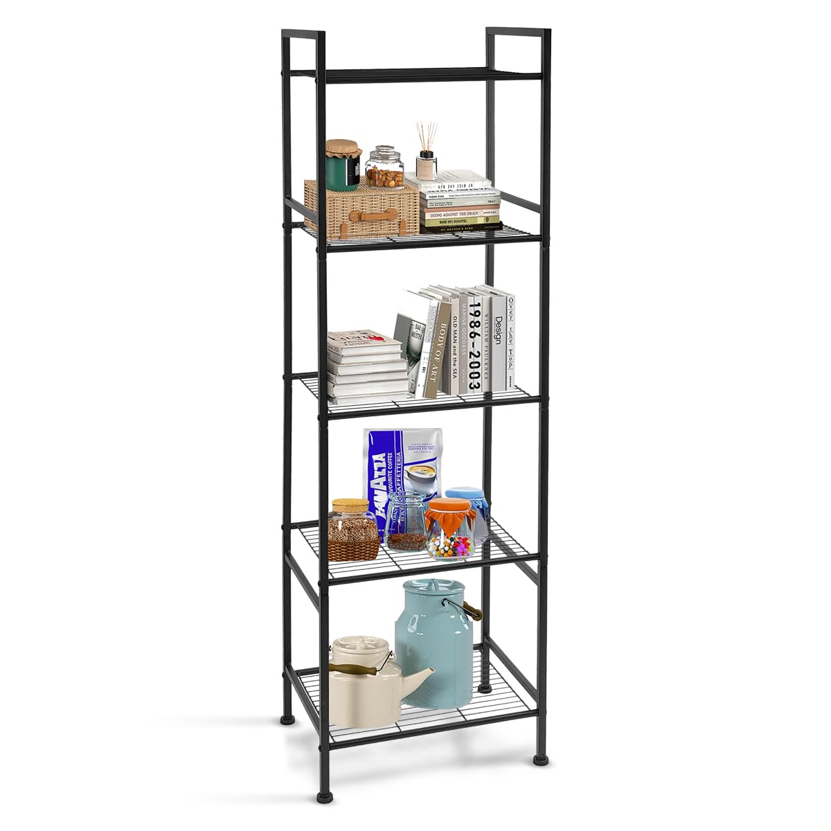 SUNLPH 5-Tier Wire Shelving Metal Rack Shelves, Standing Storage Shelf Units Flat for Laundry Bathroom Kitchen Pantry Closet Organization (Black, 16.9" L x 12.2" W x 53.4" H)