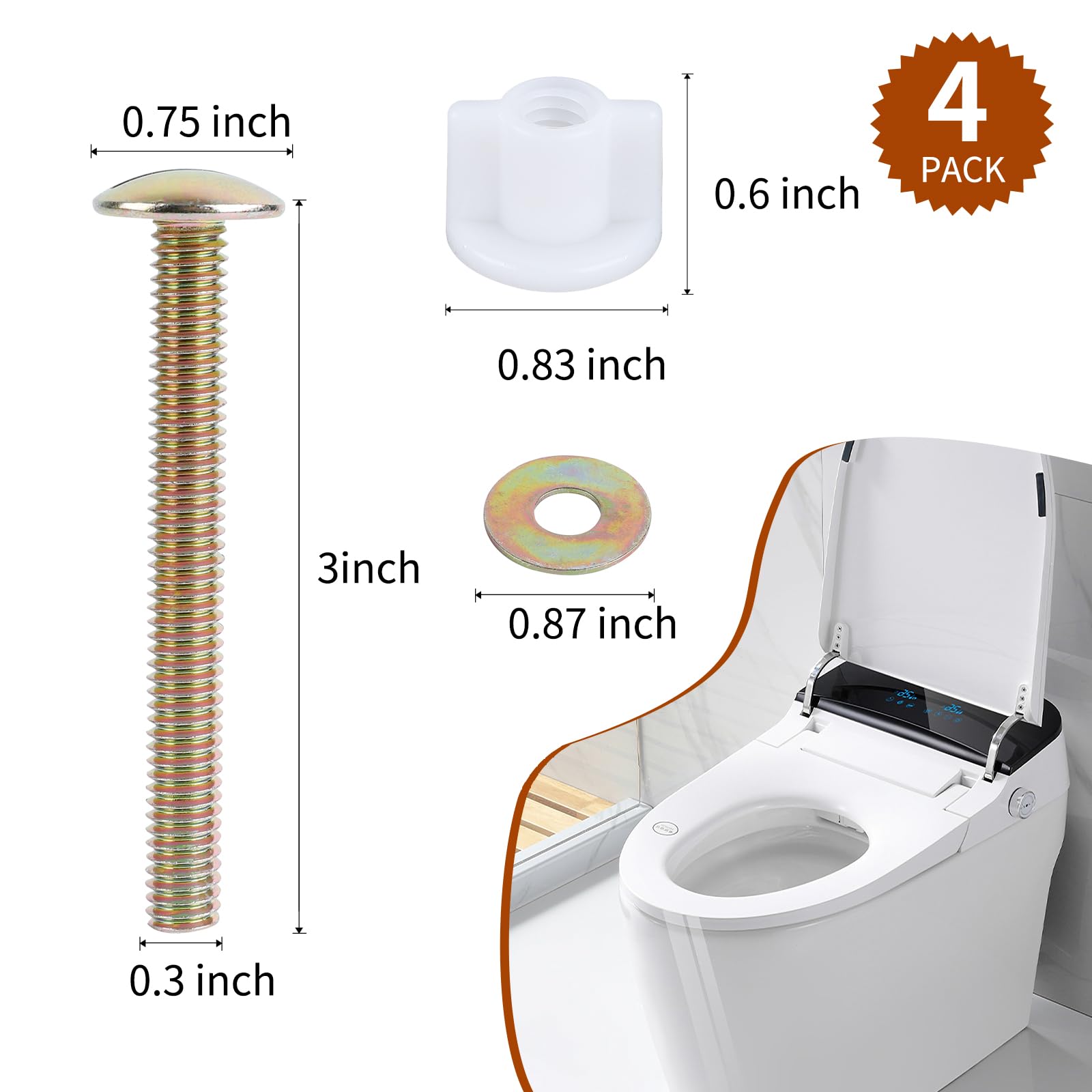 4 Pack Toilet Seat Hinge Bolt, Quick Fix Toilet Screws Replacement with Nuts Washers, No More Wiggle Toilet Seat Fastener Steel Toilet Screws for Top Toilet Seat Kohler TOTO, Syocsek