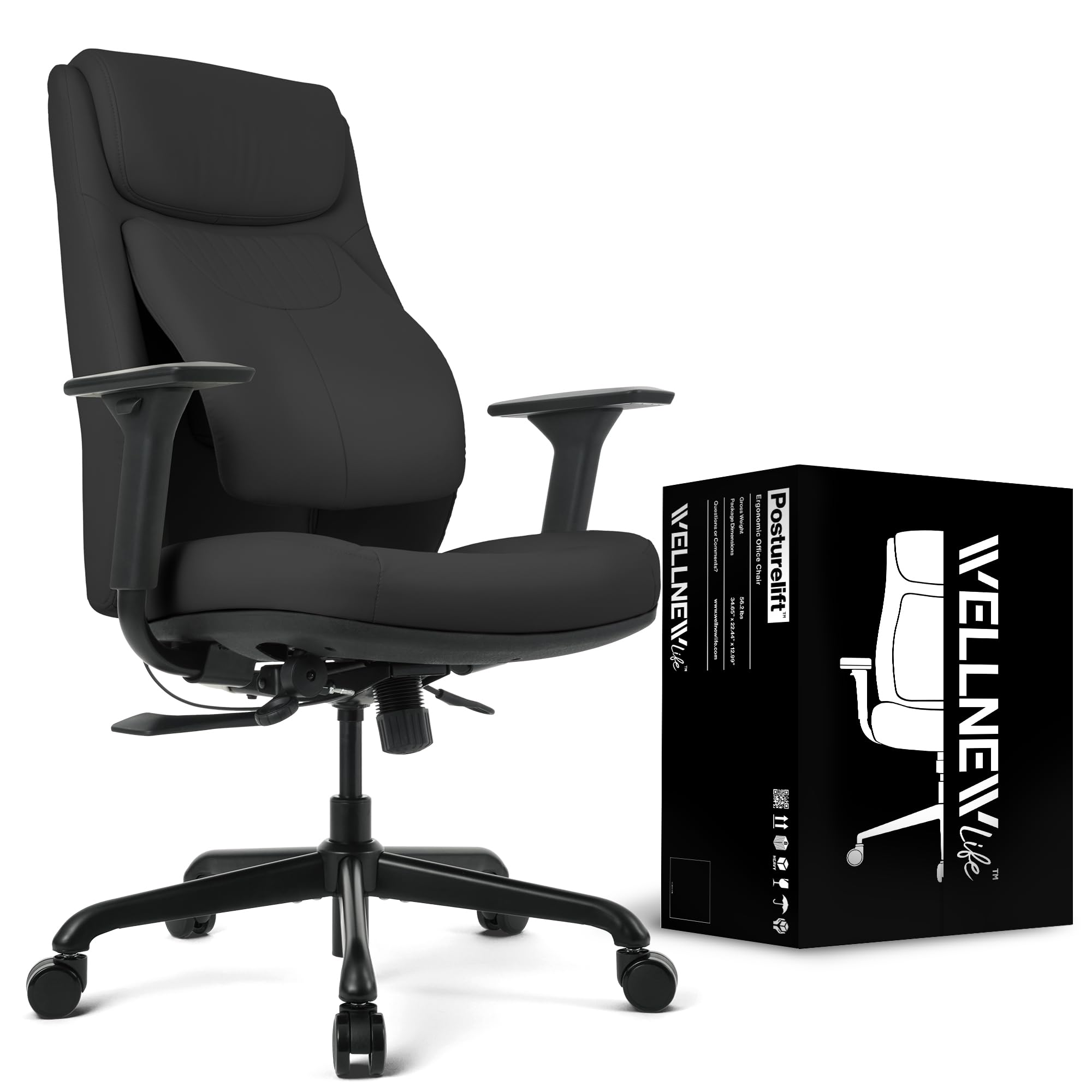 Posturelift Ergonomic Office Chair Adjustable Lumbar Support, Seat Depth, Leather Chair, Adjustable Armrest, High Back Home Office Desk Chairs for Posture and Back Pain.