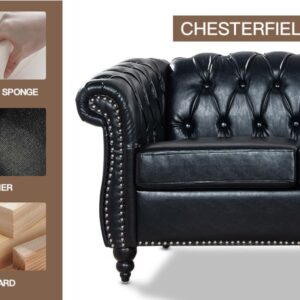 Chesterfield Sofa 2 Piece Set, Modern Black Faux Leather 3 Seater Couches and Sofa Chairs, Upholstered Tufted Button,Scroll Arms and Nailhead Trim, Sectional Sofa Set for Living Room Office Bedroom