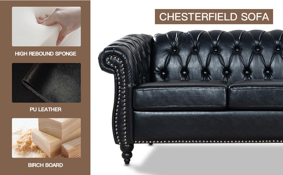 Chesterfield Sofa 2 Piece Set, Modern Black Faux Leather 3 Seater Couches and Sofa Chairs, Upholstered Tufted Button,Scroll Arms and Nailhead Trim, Sectional Sofa Set for Living Room Office Bedroom