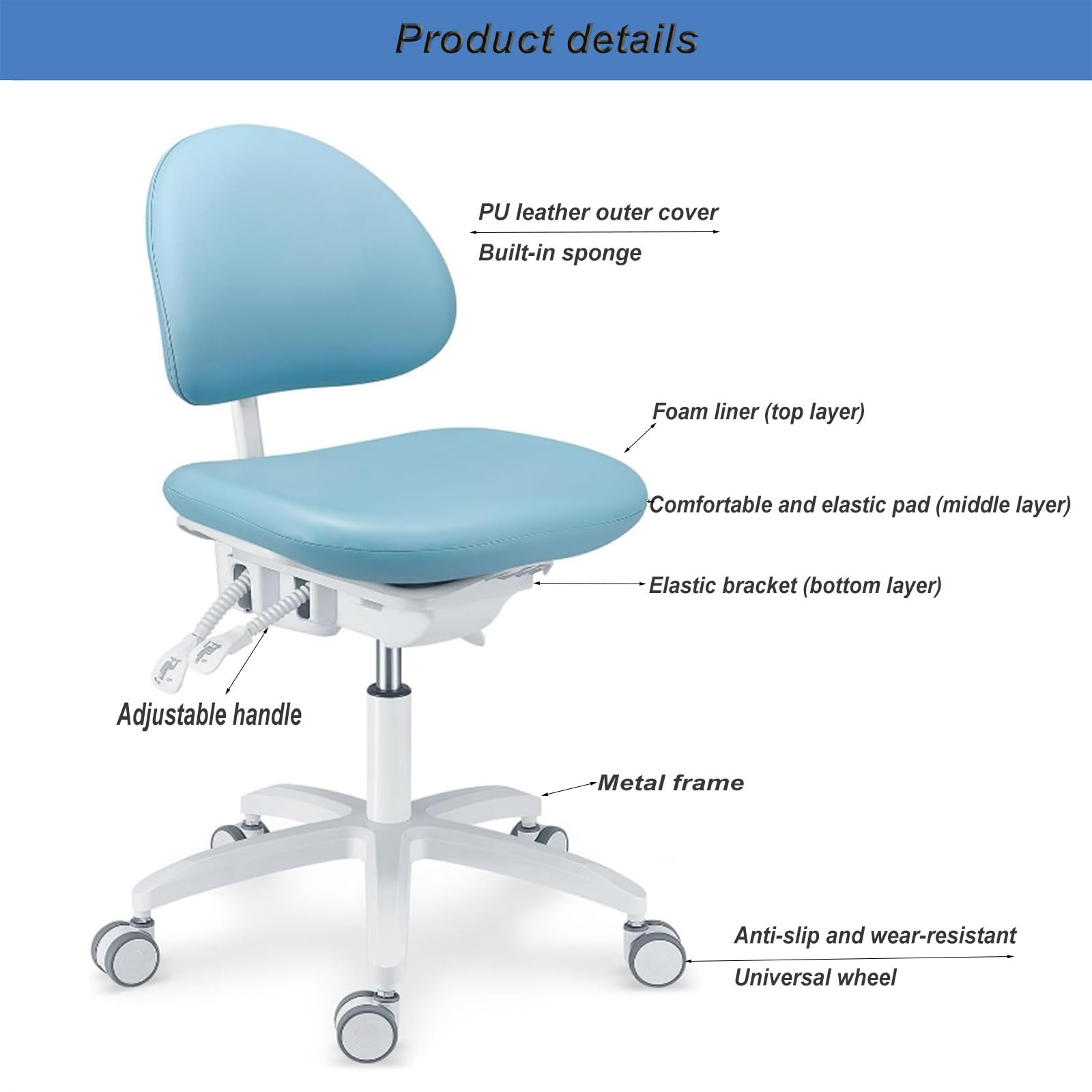 HYDTGZ Dental Chair Dentist Doctor's Stool Dental Assistant Chair Adjustable Mobile Chair PU Leather for Clinics, Dental Offices, Labs,A