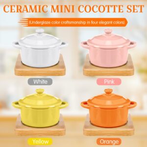 Mimorou 4 Set 7 oz Ceramic Mini Cocotte with Lid and Wooden Base Small Casserole Dishes with Lids Ceramic Soup Bowls Baking Ramekins Round Casserole for Home Thanksgiving Pumpkin Soup