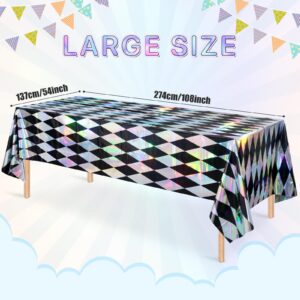 3 Pack Black and Iridescent Diamond Checkered Plastic Tablecloths, Black Gingham Plastic Table Cover, Holographic Foil Rectangle Tablecloth for Wonderland Picnic Camping Oktoberfest Party, 54x108 Inch