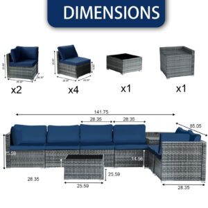 Pierybyt 8-Piece PE Rattan Wicker Outdoor Sectional Sofa Set, Modular Patio Furniture with Thickened Cushions, Hidden Storage & Conversation Patio Set with Glass Top Coffee Table (Gray-Blue)