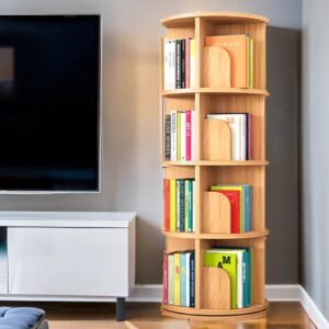 feuusec 4 tier rotating bookshelf tower,360°display spinning bookshelf for kids&adults,corner bookshelf for small space,soild wood bookcase for bedroom,living room