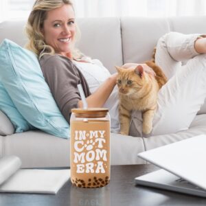 In My Cat Mom Cup Gifts for Cat Lover Cat Mom Gifts - 16 oz Cool Cat Mom Glass Coffee Cup with Straw and Lid - Unique Birthday Gift for Mothers Day Christmas for Cat Owners Cat Moms Gifts