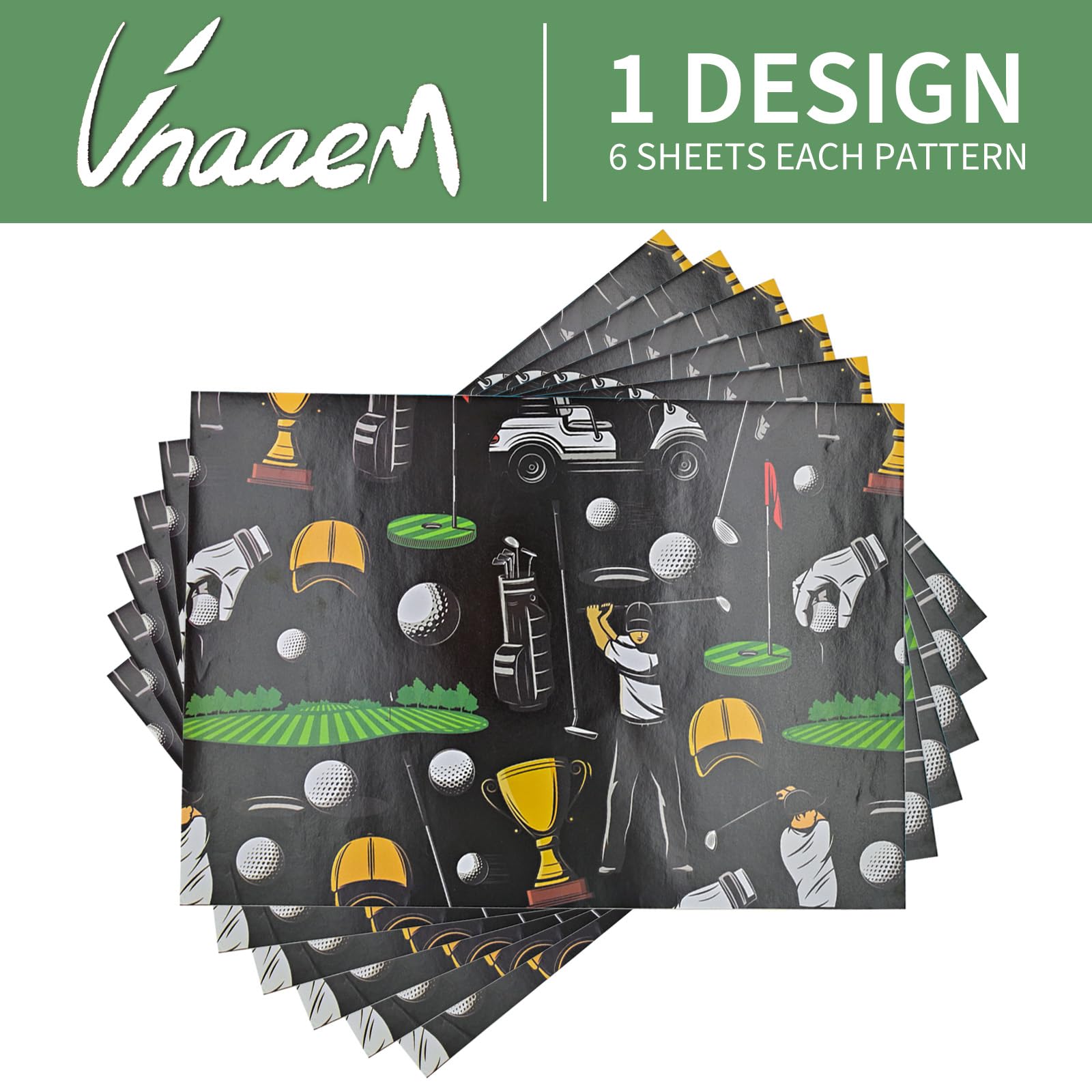 Vnaaem Golf Wrapping Paper 6 Pc Black Golf Sports Gift Wrap Paper for Men Boys Grandpa Birthday Baby Shower Holiday Fathers Day,19.6 X27.8Inch