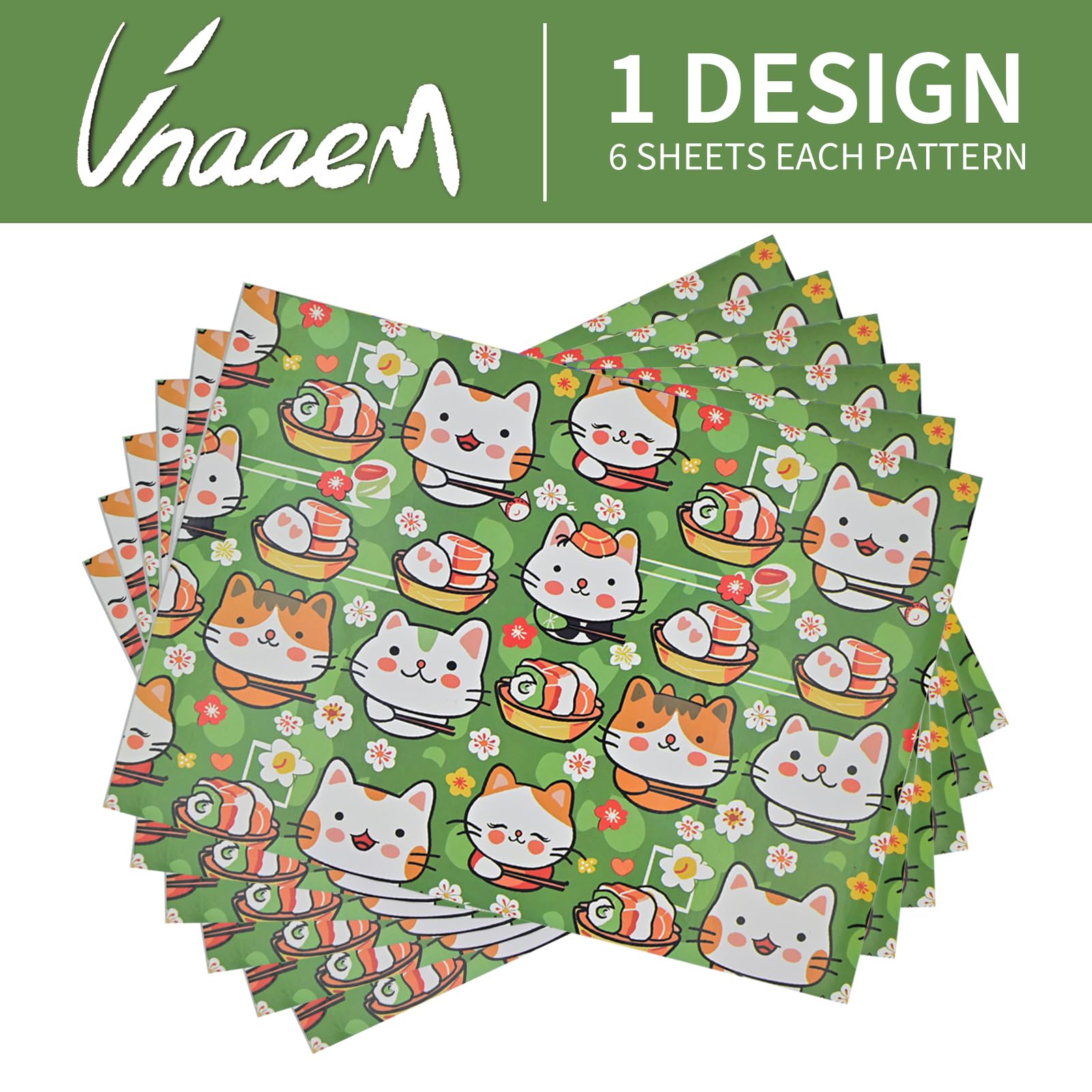 Vnaaem Sushi Cat Wrapping Paper 6 Pc Cute Kawaii Cat Japanese Food Gift Wrap Paper for Kids Girls Boys Birthday Baby Shower Holiday,19.6 X27.8Inch