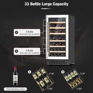 JINJUNYE 15Inch Wine Cooler Refrigerator,33 Bottle Wine Fridge Temperature Control, Built-in or Freestanding Wine Cellar for Red, White, Champagne, Sparkling Wine for Home Office Bar Stainless Steel