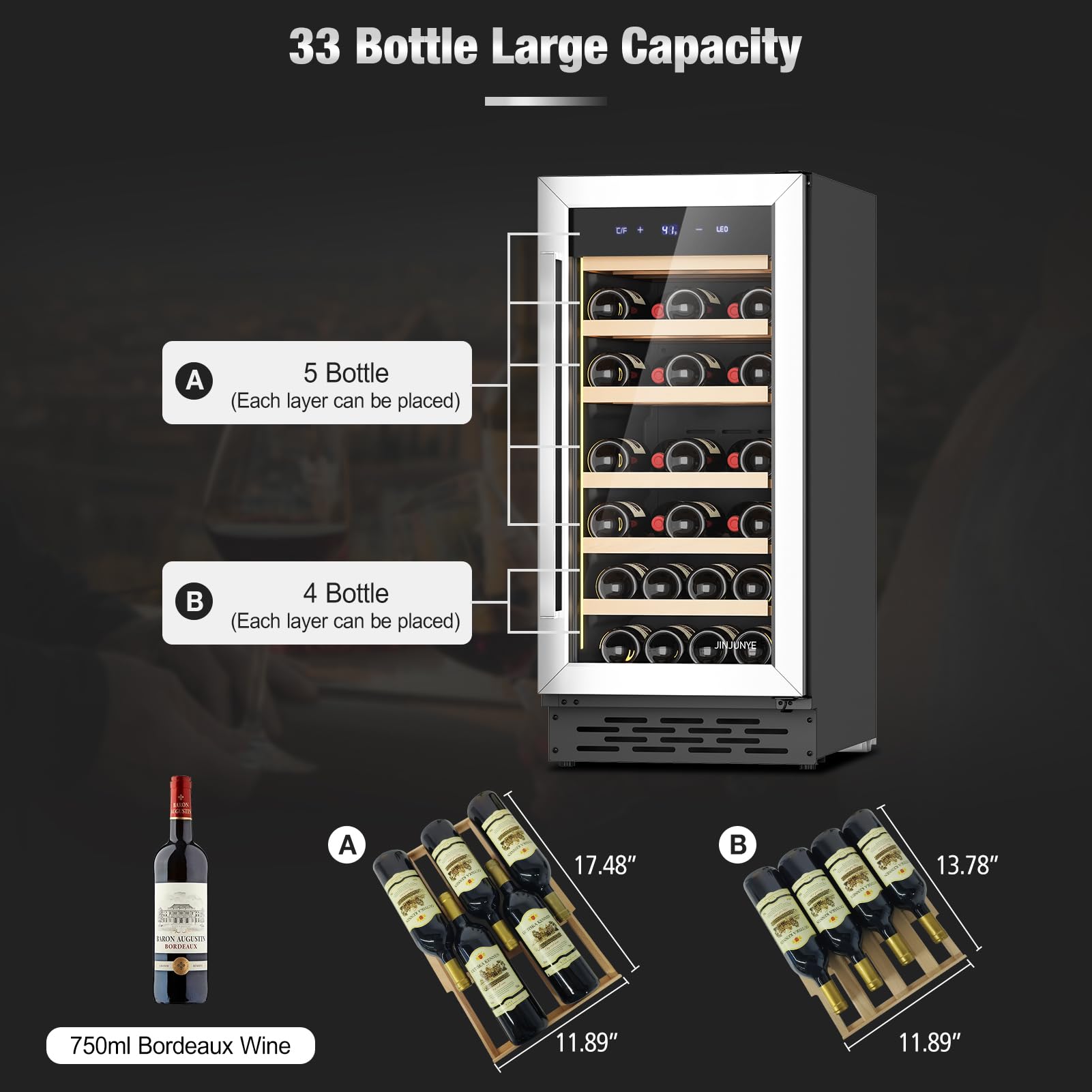 JINJUNYE 15Inch Wine Cooler Refrigerator,33 Bottle Wine Fridge Temperature Control, Built-in or Freestanding Wine Cellar for Red, White, Champagne, Sparkling Wine for Home Office Bar Stainless Steel