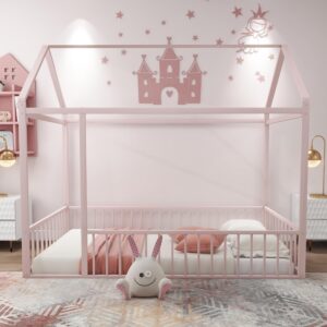 INDSUMOT Twin Size Montessori Floor Bed, Metal House Bed Frame with Fence Rails, Kids Playhouse Beds for Girls Boys Teens, Pink