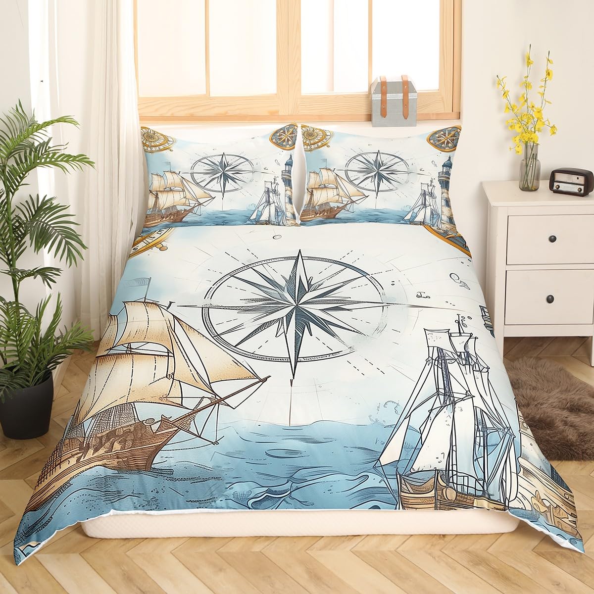 Nautical Sailboat Duvet Cover King Size,Compass Rudder Bedding Set,Kids Boys Girls Teens Adults,Sea Adventure Ocean Map Comforter Cover Sketch Navy Blue Beige Quilt Cover,1 Pillowcase(Not Comforter)