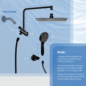 Alesco 10" Shower Heads with Handheld Spray Combo, 12" Extend Shower Arm with 3-Way Diverter Valve, High-Pressure Shower Head and 7-Setting Handheld Shower Head, Dual Shower Heads, Matte Black