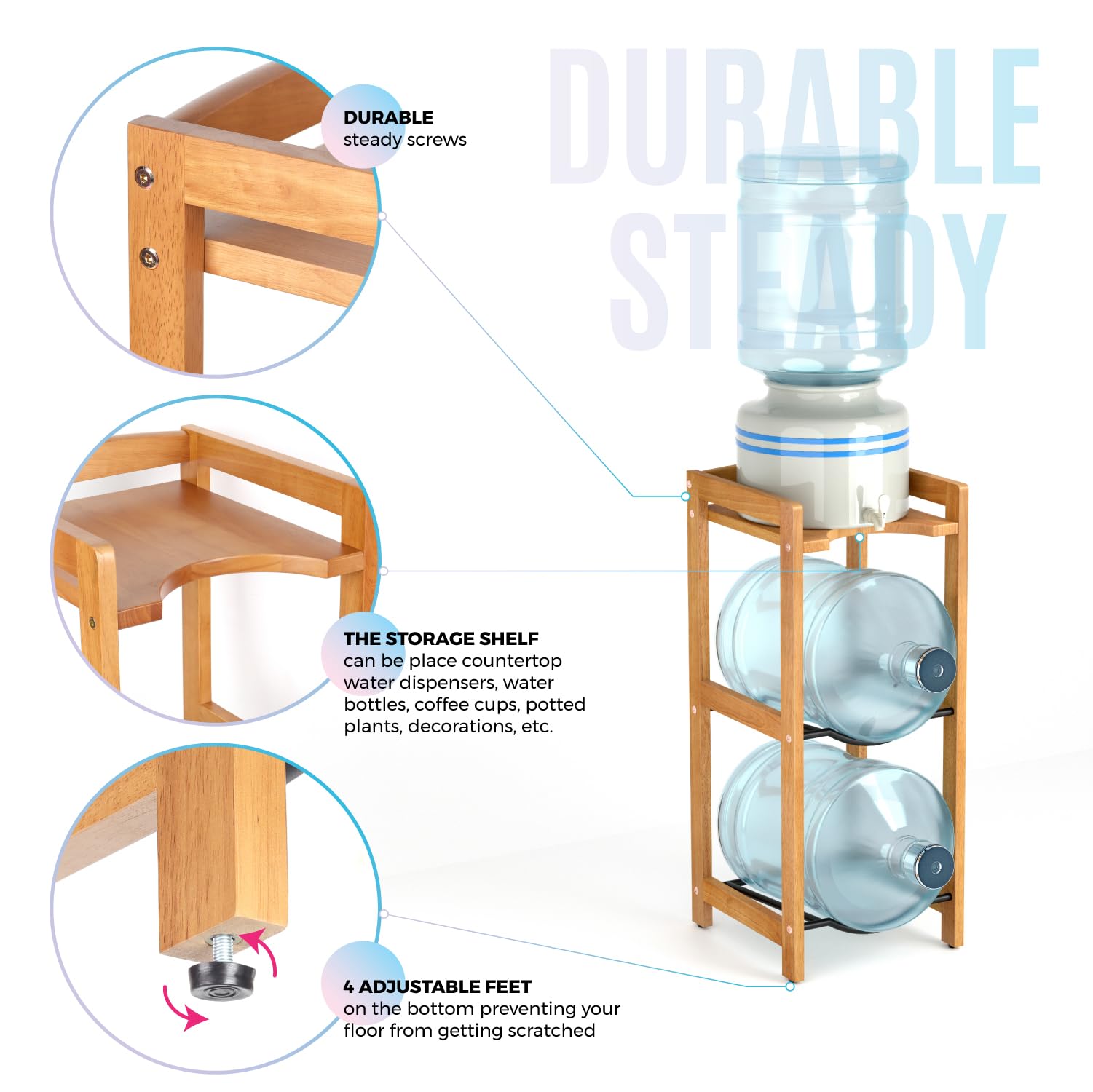 5 Gallon Water Jug Holder with Top Shelves, Natural Solid Wood Water Dispenser Stand 31"H, 3-Tiers 5 Gallon Water Jug Stand, Water Cooler Jug Rack, 5 Gallon Water Bottle Holder with 2 Slot & Top Shelf