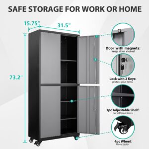 SISESOL Metal Storage Cabinet with Wheels,Rolling Garage Storage Cabinet with Lock,Gray Metal Cabinet with Shelves,Tool Cabinet,Tall Storage Cabinet on Wheels for Garage,Home,Office,Shop