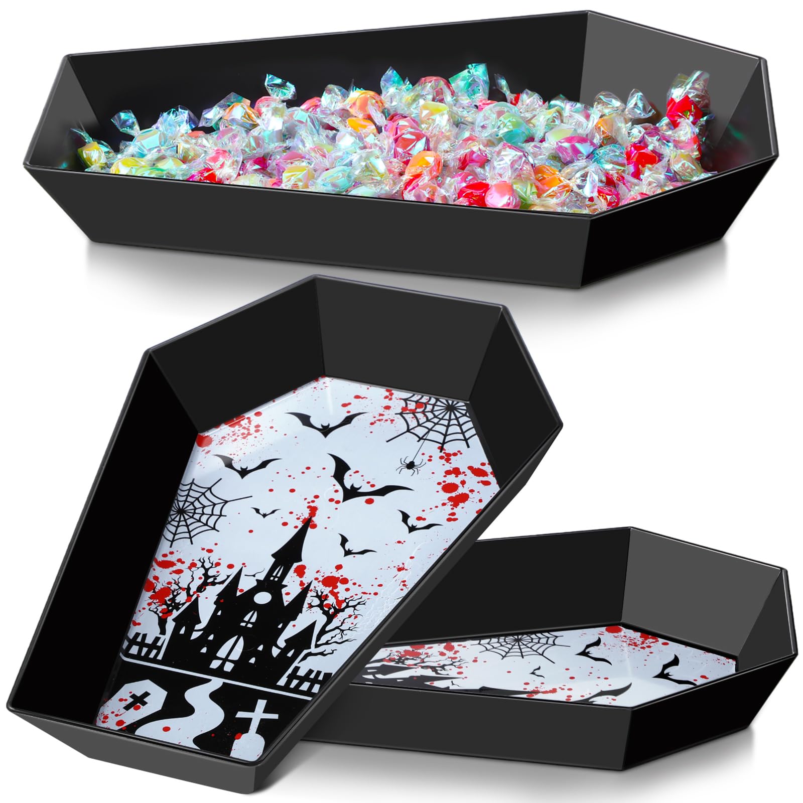 Wiwiqing 2 Pcs Halloween Candy Bowl Plastic Coffin Shaped Serving Tray Spooky Serving Dish Trick or Treat Candy Platter for Halloween Party Food Storage Charcuterie Board Serving Supplies (Castle)