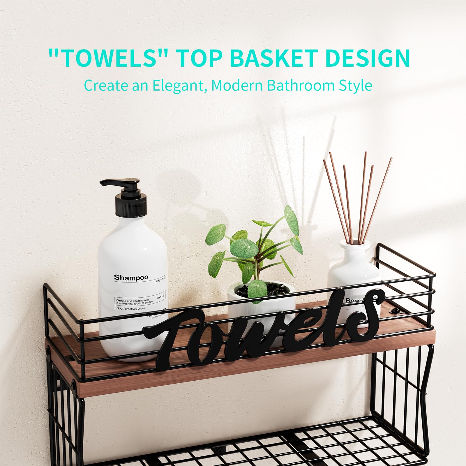 HapiRm Towel Rack Wall Mounted - Bathroom Towel Holder with Metal Storage Basket, Rolled Towel Storage with Wood Shelf, Bath Towel Organizer with 3 Hooks for Small Bathroom (Black)