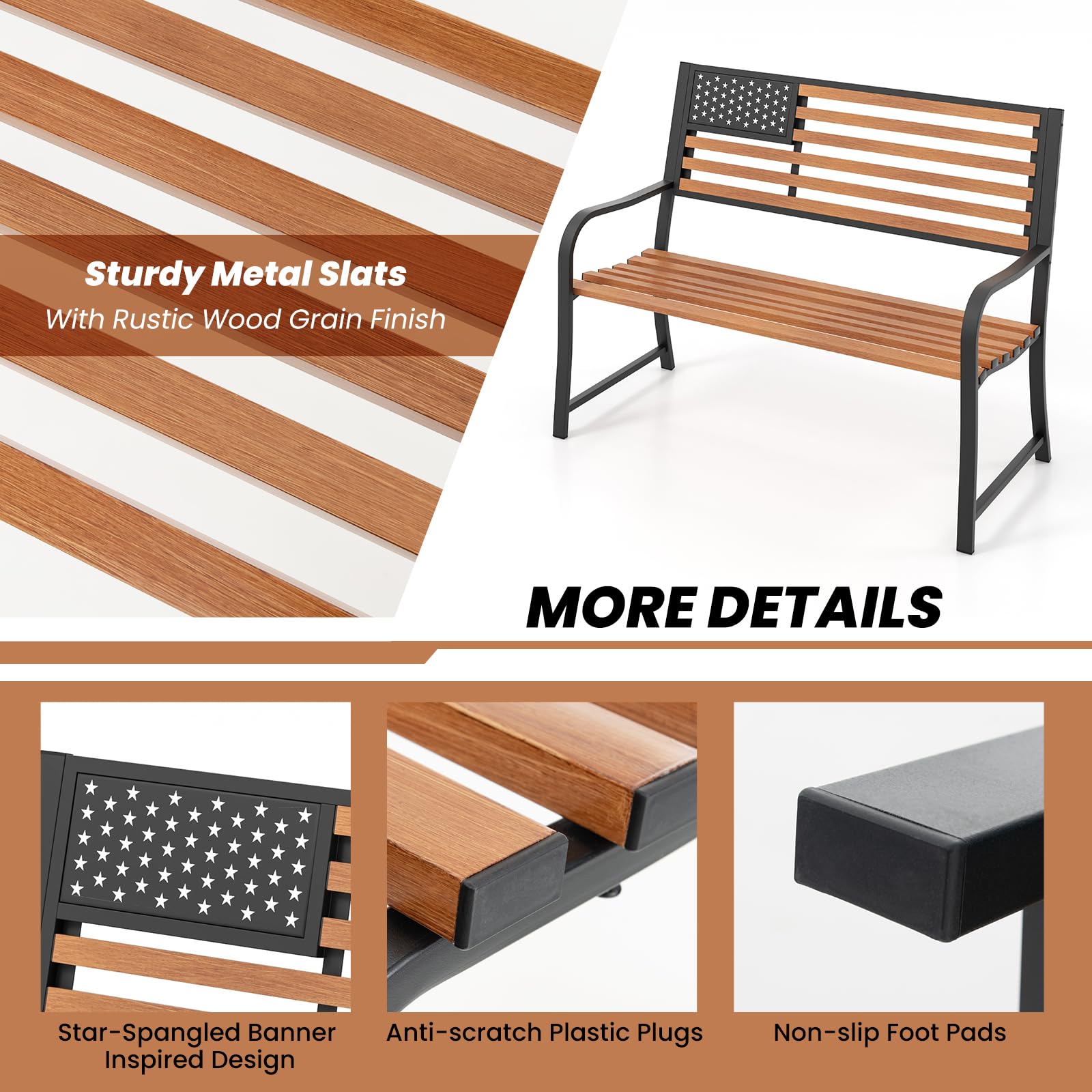 Tangkula 50” Outdoor Garden Bench, 2-Person Metal Patio Chair with Flag Pattern Backrest & Rustic Wood Grain Finish, Patriotic Bench with Arms for Porch, Deck, Park, Brown & Black