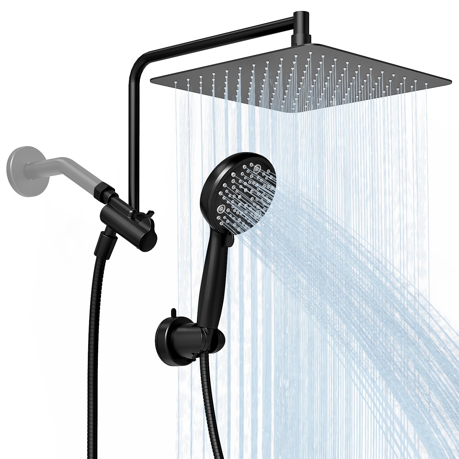 Alesco 10" Shower Heads with Handheld Spray Combo, 12" Extend Shower Arm with 3-Way Diverter Valve, High-Pressure Shower Head and 7-Setting Handheld Shower Head, Dual Shower Heads, Matte Black