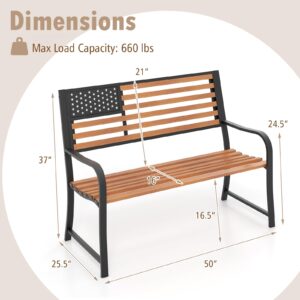 Giantex Outdoor Bench, 2-Person Metal Garden Bench with American Flag Backrest, Curved Armrests & Slatted Seat, 660 Lbs Capacity, Outdoor Bench for Lawn, Porch, Yard, Park Bench