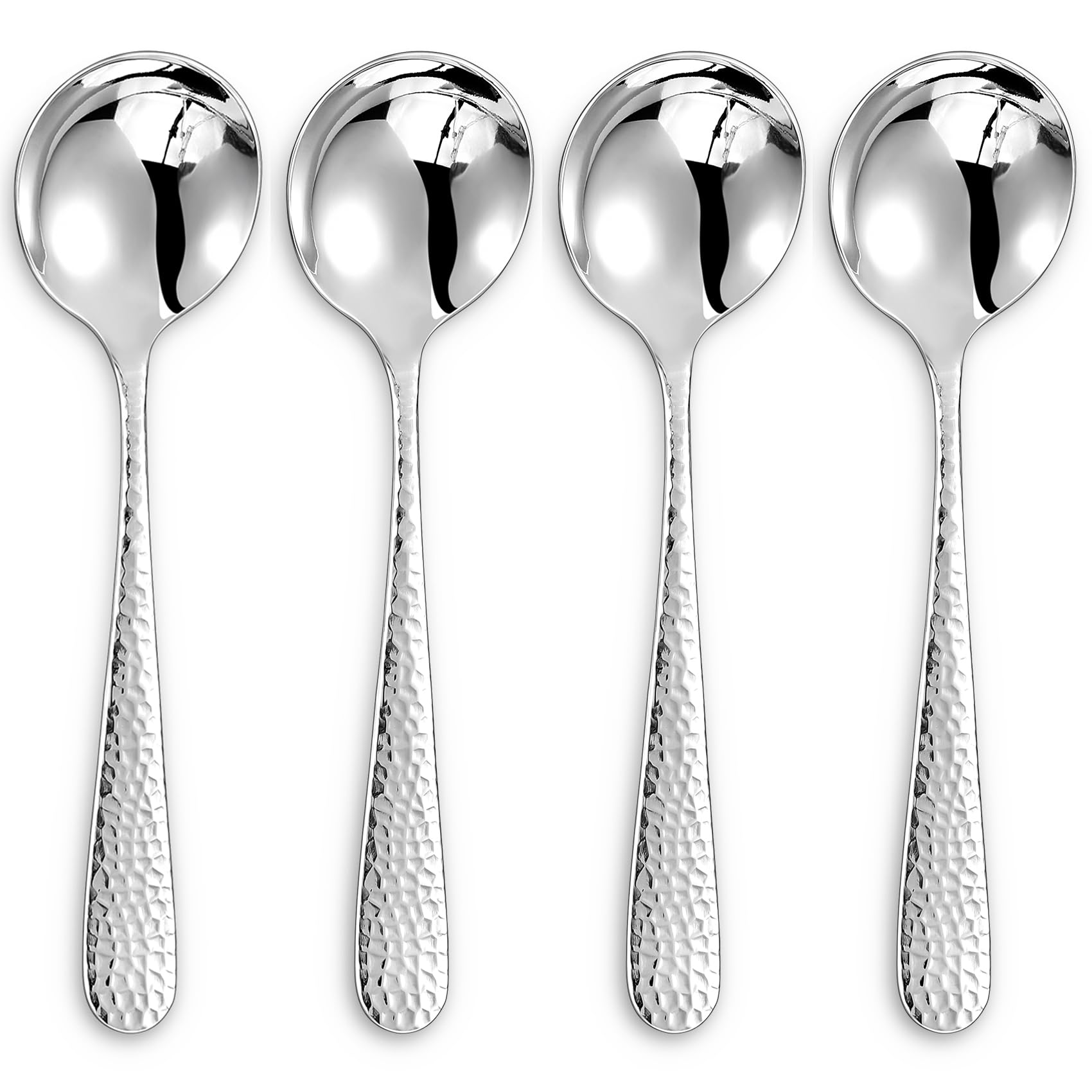 KEAWELL Premium 4-Piece Louise Hammered Spoons Set, 18/10 Stainless Steel, Set of 4, Fine Spoon Set with Round Edge, Dishwasher Safe (7" Soup Spoons)