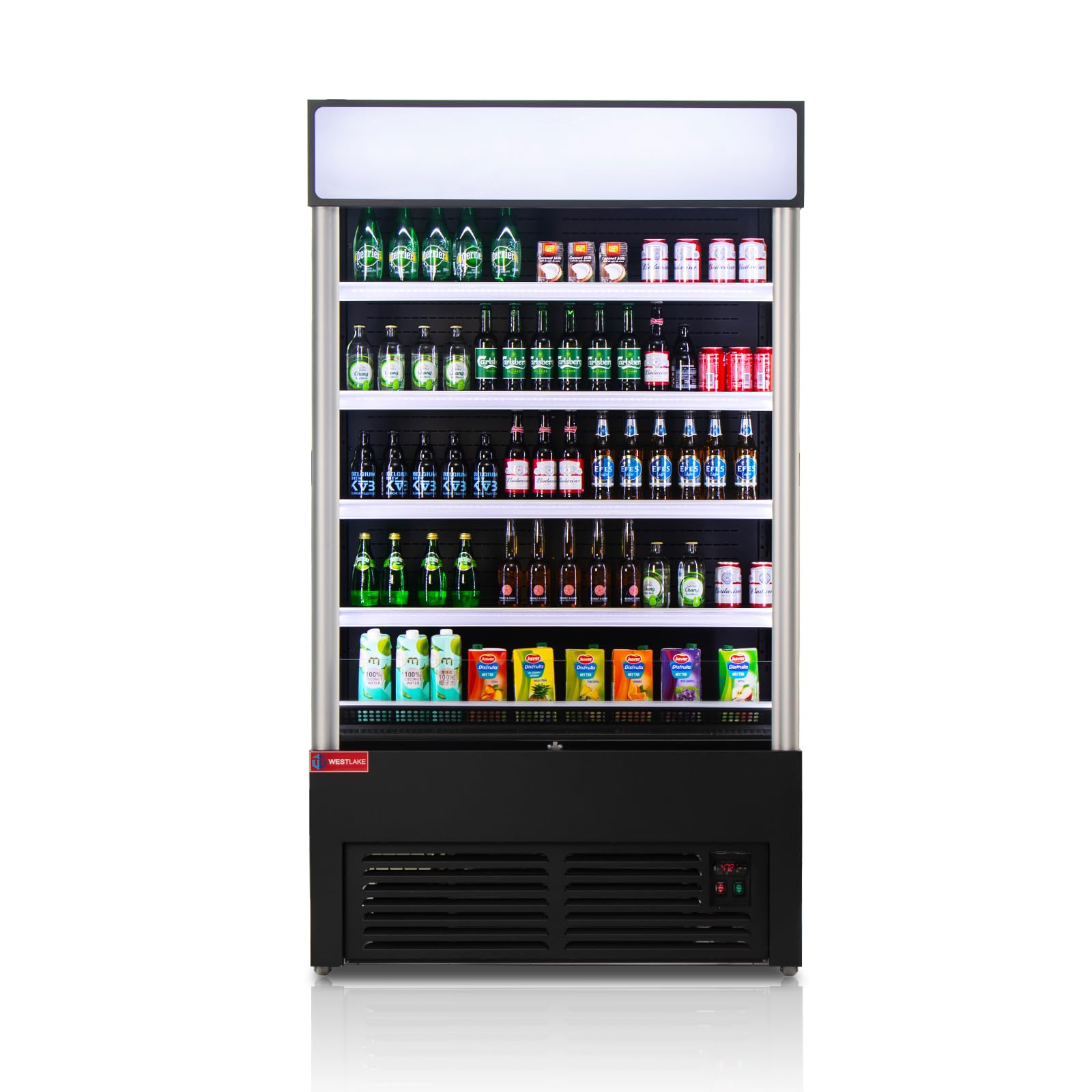 WESTLAKE Commercial Refrigerator Open Air Merchandiser with LED Lighting and Night Curtain 24 Cu.ft 45.7” W 25.6" D Upright Fan Cooling Display Cooler for Stores, Supermarkets, Bar, Shops, etc