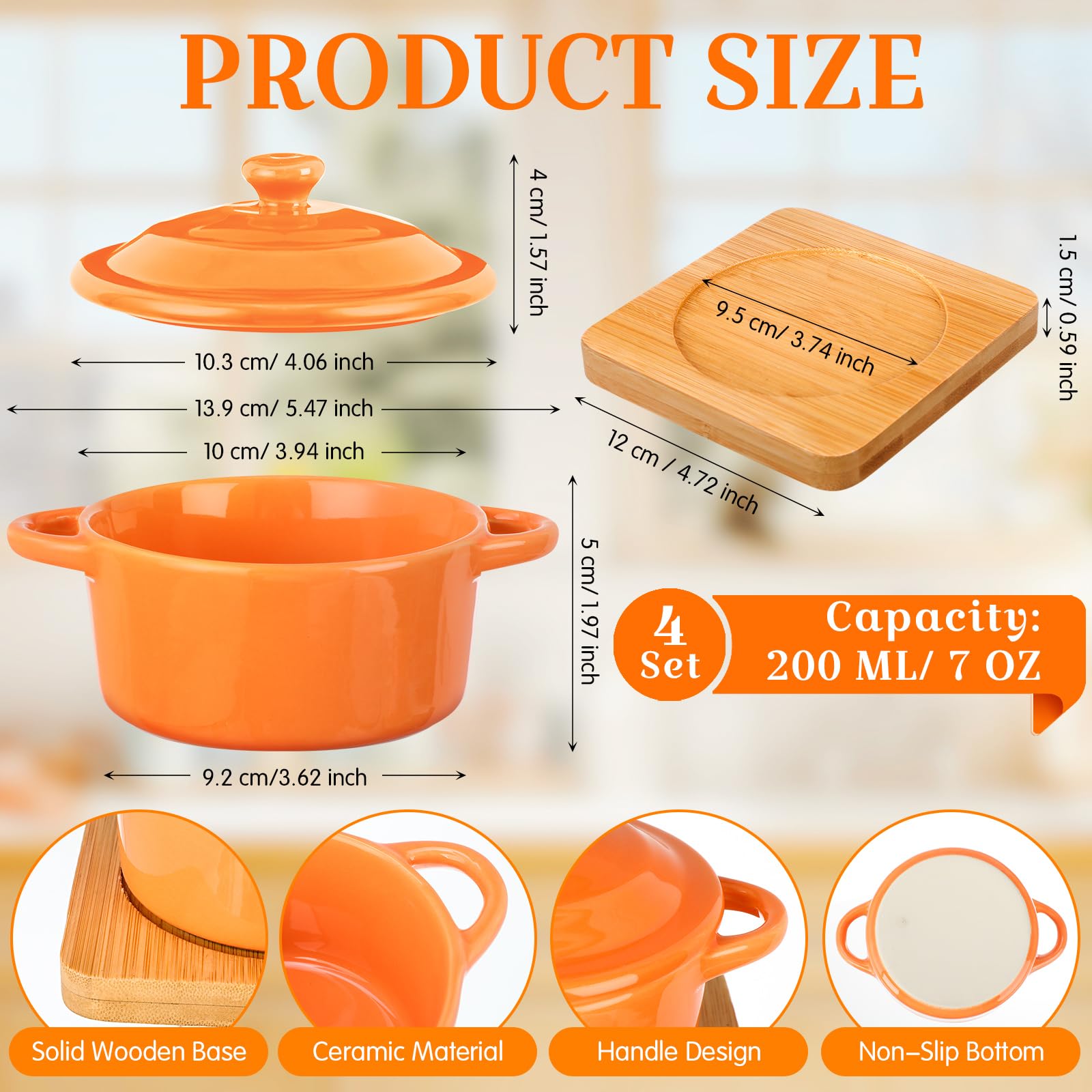 Mimorou 4 Set 7 oz Ceramic Mini Cocotte with Lid and Wooden Base Small Casserole Dishes with Lids Ceramic Soup Bowls Baking Ramekins Round Casserole for Home Thanksgiving Pumpkin Soup