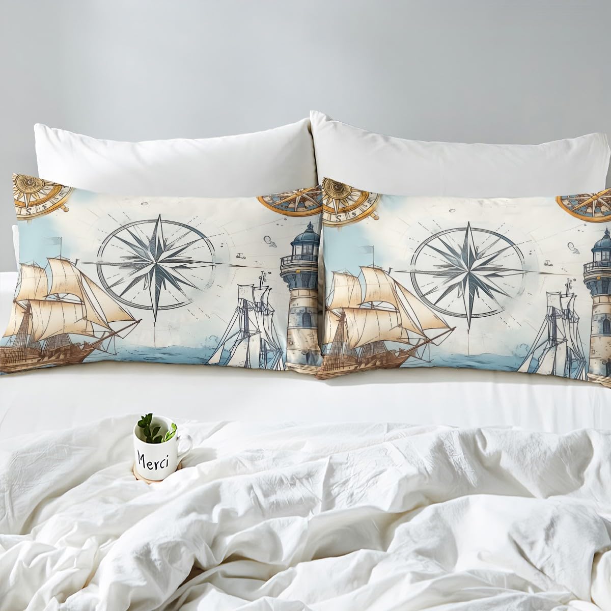 Nautical Sailboat Duvet Cover King Size,Compass Rudder Bedding Set,Kids Boys Girls Teens Adults,Sea Adventure Ocean Map Comforter Cover Sketch Navy Blue Beige Quilt Cover,1 Pillowcase(Not Comforter)