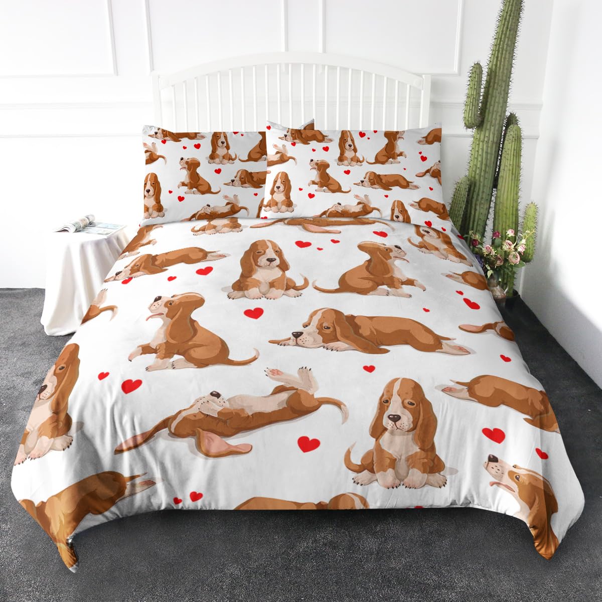 ARIGHTEX 3 Pieces Small Basset Hound Pattern Duvet Cover Set King Size Ultra-Soft Cute Dogs Red Heart Print Bedding Set 1 Duvet Cover and 2 Pillowcases