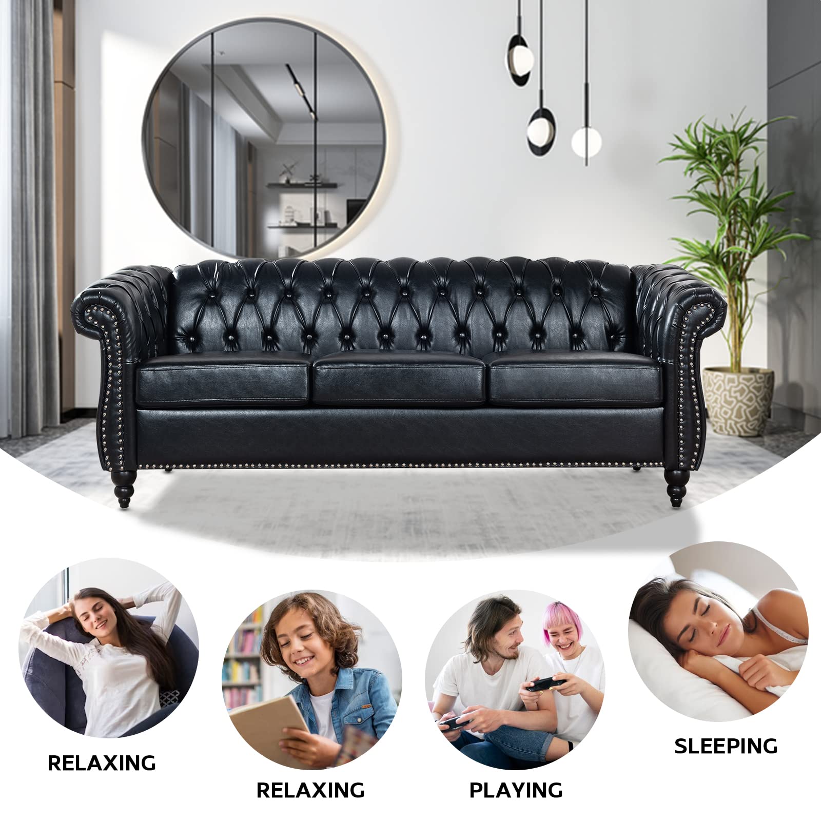 Chesterfield Sofa 2 Piece Set, Modern Black Faux Leather 3 Seater Couches and Sofa Chairs, Upholstered Tufted Button,Scroll Arms and Nailhead Trim, Sectional Sofa Set for Living Room Office Bedroom