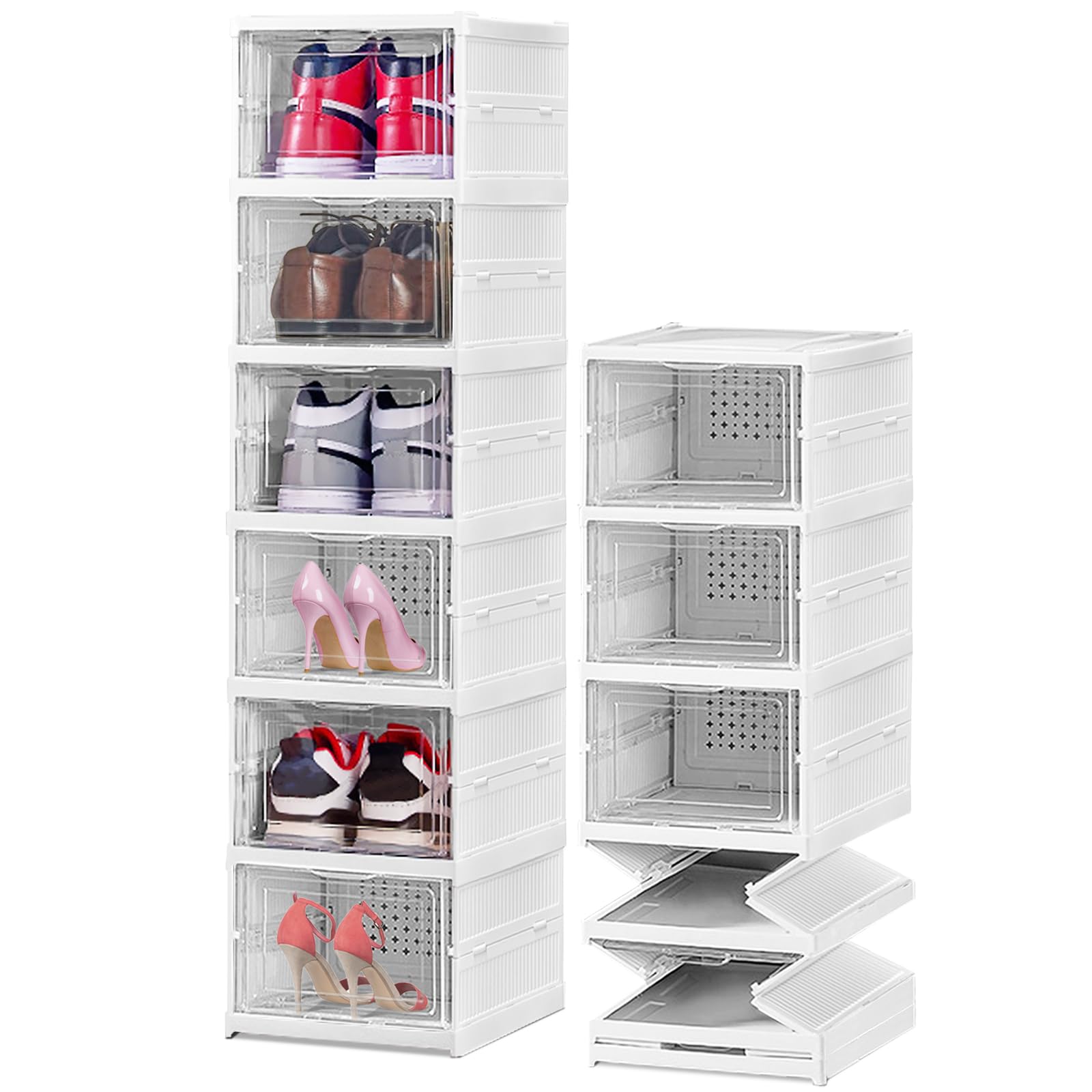 ALMOXVYE 6 Layers Foldable Shoe Box Organizer, Large Shoe Storage Organizer Bin with Clear Door, No Assembly Shoe Storage Box for Closet Entryway, Front Door, Living Room