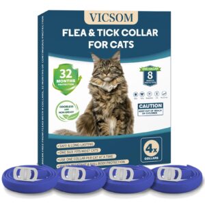 vicsom 4 pack cat flea collar - adjustable, waterproof flea and tick prevention for cats and kittens - 32 months protection - flea and tick treatment - blue