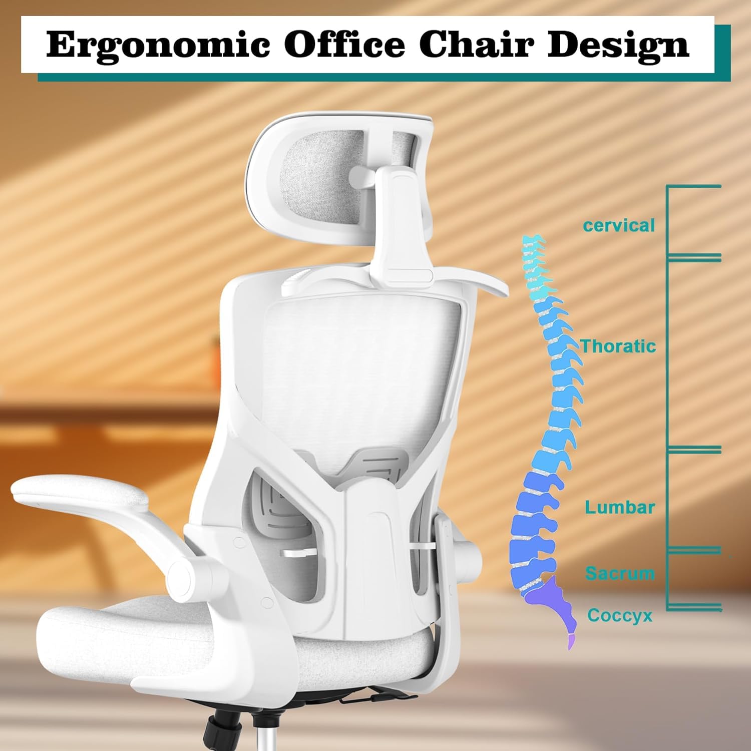 FOKESUN Ergonomic Office Chair, High Back Mesh Desk Chair with Molded Foam Cushion, Adjustable Headrest, Lumbar Support, Lock Function (All White)