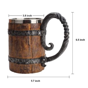 LAUGOKOBE Wooden Barrel Beer Mug, Large Viking Cup Wood Style Beer Stein with Handle, Double Wall Stainless Steel Tankard Mug, Antique gifts for Men Bar Restaurant Renaissance Accessories