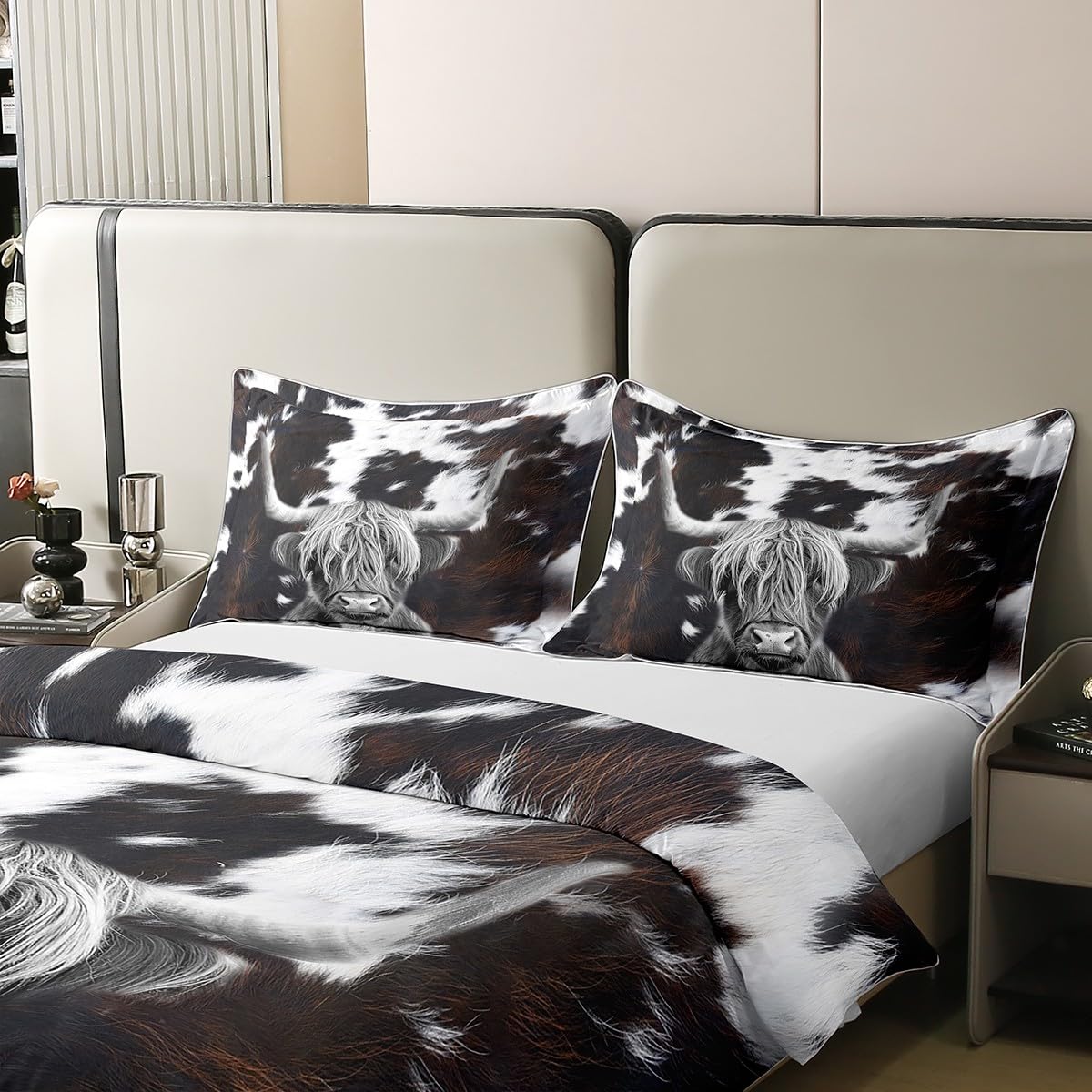 Cow Skin Duvet Cover 100% Nature Cotton King,Realistic Cowhide Print Western Highland Cattle Comforter Cover,Vinateg Country Decor All Season Super Soft Bedding Bedroom Decor