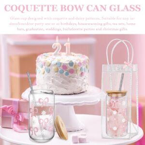 Coquette Bow Aesthetic Cup with Clear Gift Bag, Glass Cups with Lids and Straws, 16 oz Iced Coffee Smoothie, Beer Glass Cup Tumbler Trendy Glass Cup for Girls Bestfriend Sister Girlfriend (Pink Bow)