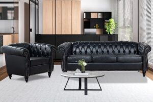 chesterfield sofa 2 piece set, modern black faux leather 3 seater couches and sofa chairs, upholstered tufted button,scroll arms and nailhead trim, sectional sofa set for living room office bedroom