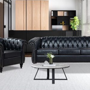 Chesterfield Sofa 2 Piece Set, Modern Black Faux Leather 3 Seater Couches and Sofa Chairs, Upholstered Tufted Button,Scroll Arms and Nailhead Trim, Sectional Sofa Set for Living Room Office Bedroom