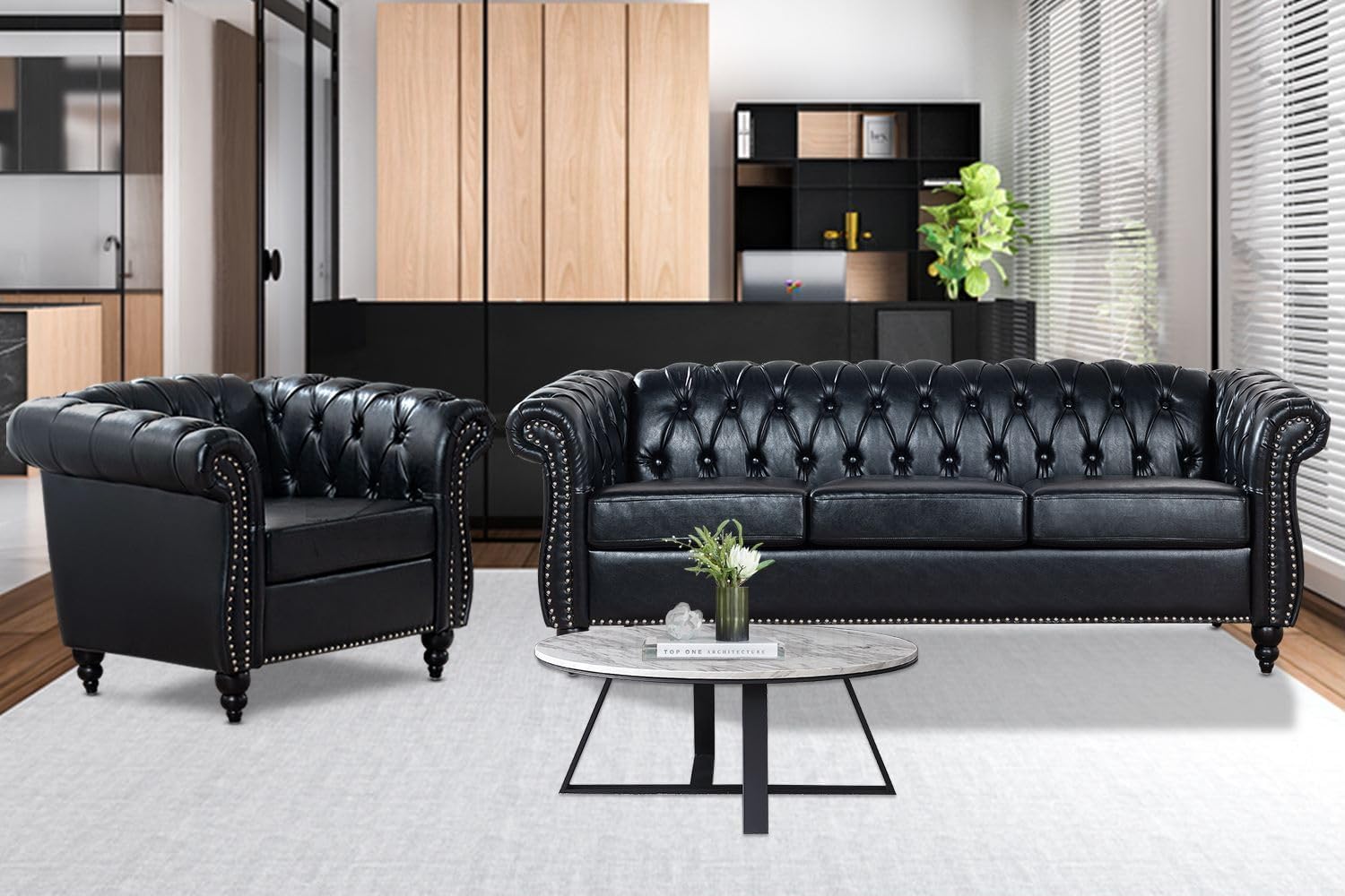 Chesterfield Sofa 2 Piece Set, Modern Black Faux Leather 3 Seater Couches and Sofa Chairs, Upholstered Tufted Button,Scroll Arms and Nailhead Trim, Sectional Sofa Set for Living Room Office Bedroom