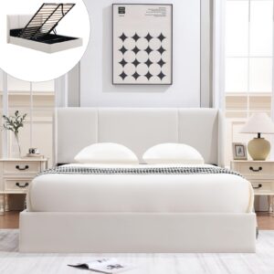 velocava queen size lift up storage bed with modern wingback headboard, upholstered platform bed with fabric with hydraulic support bars, no box spring needed, large underneath storage, white